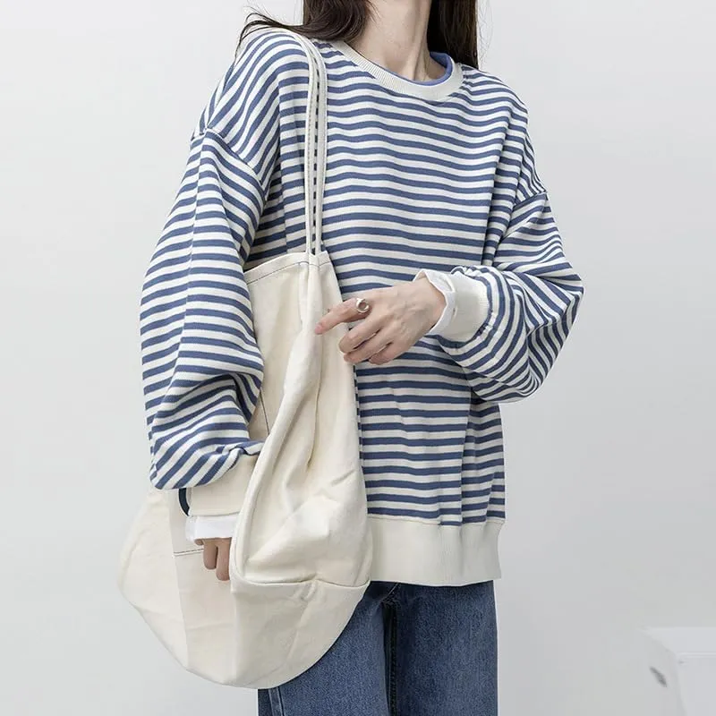 Women Striped Crewneck Sweatshirts Cute Letter Print Y2K Long Sleeve Oversized Vintage Tops Jackets Preppy Hoodie