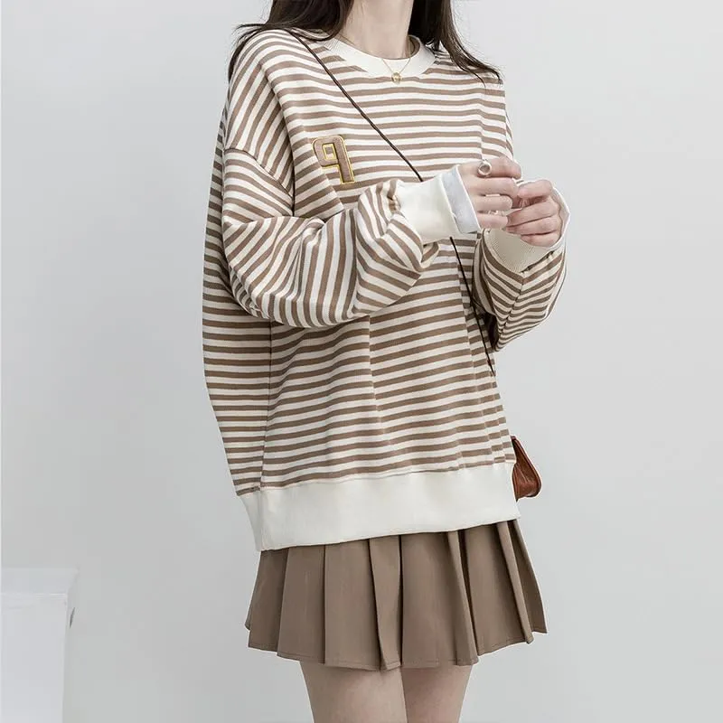 Women Striped Crewneck Sweatshirts Cute Letter Print Y2K Long Sleeve Oversized Vintage Tops Jackets Preppy Hoodie