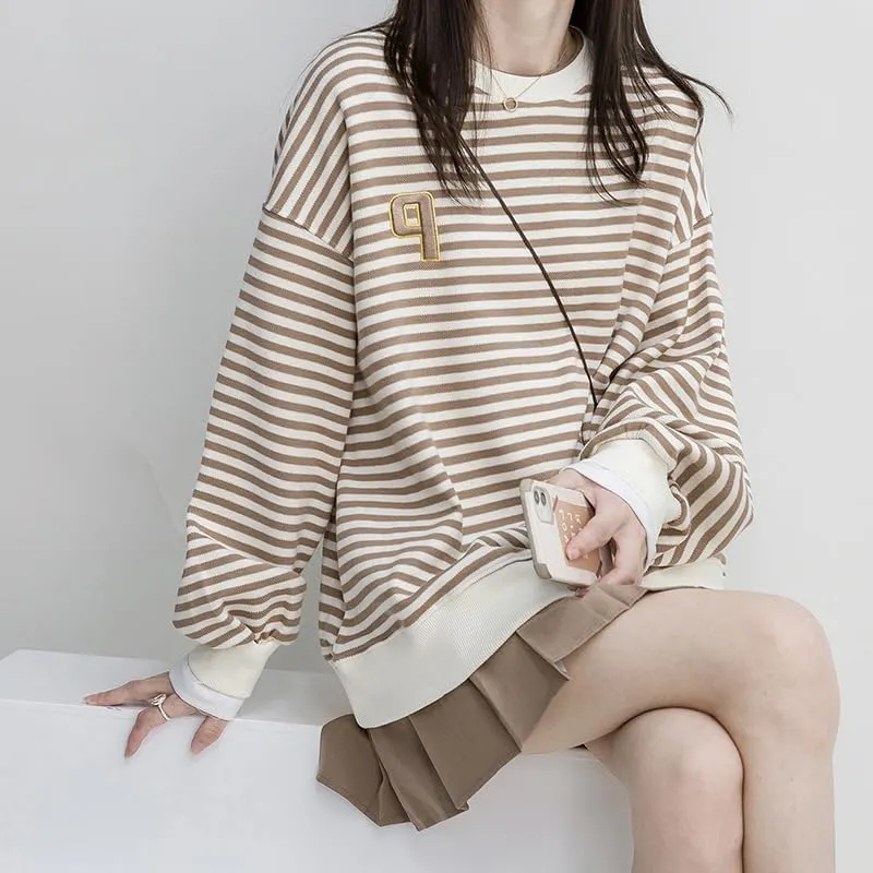 Women Striped Crewneck Sweatshirts Cute Letter Print Y2K Long Sleeve Oversized Vintage Tops Jackets Preppy Hoodie