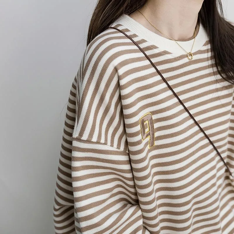 Women Striped Crewneck Sweatshirts Cute Letter Print Y2K Long Sleeve Oversized Vintage Tops Jackets Preppy Hoodie