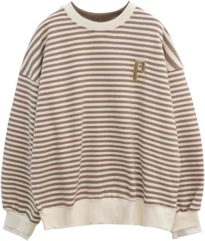 Women Striped Crewneck Sweatshirts Cute Letter Print Y2K Long Sleeve Oversized Vintage Tops Jackets Preppy Hoodie