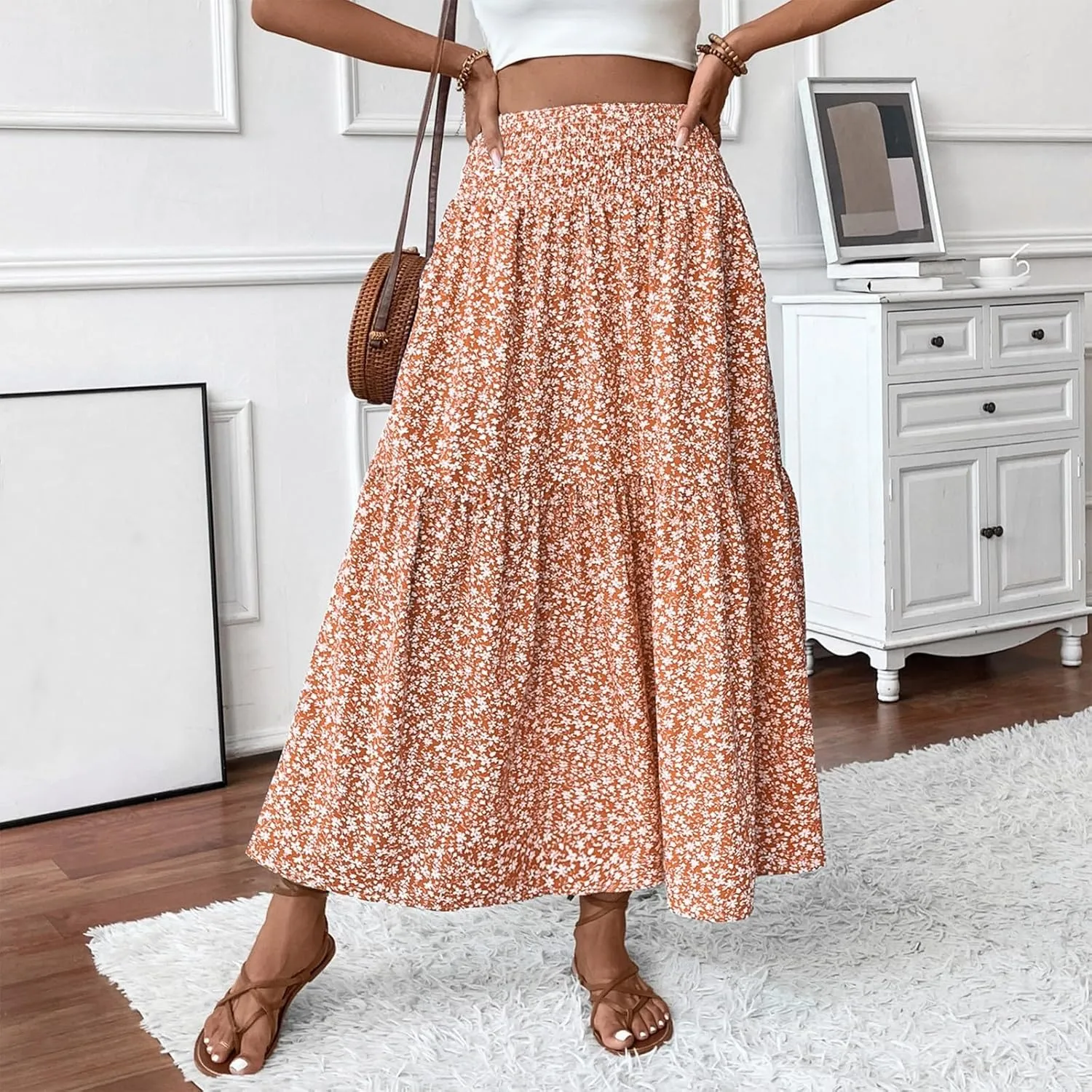 Women Summer Boho Skirt Floral Smocked Elastic Waist Flowy Swing Pleated Skirts Vacation Print A-Line Long Skirts