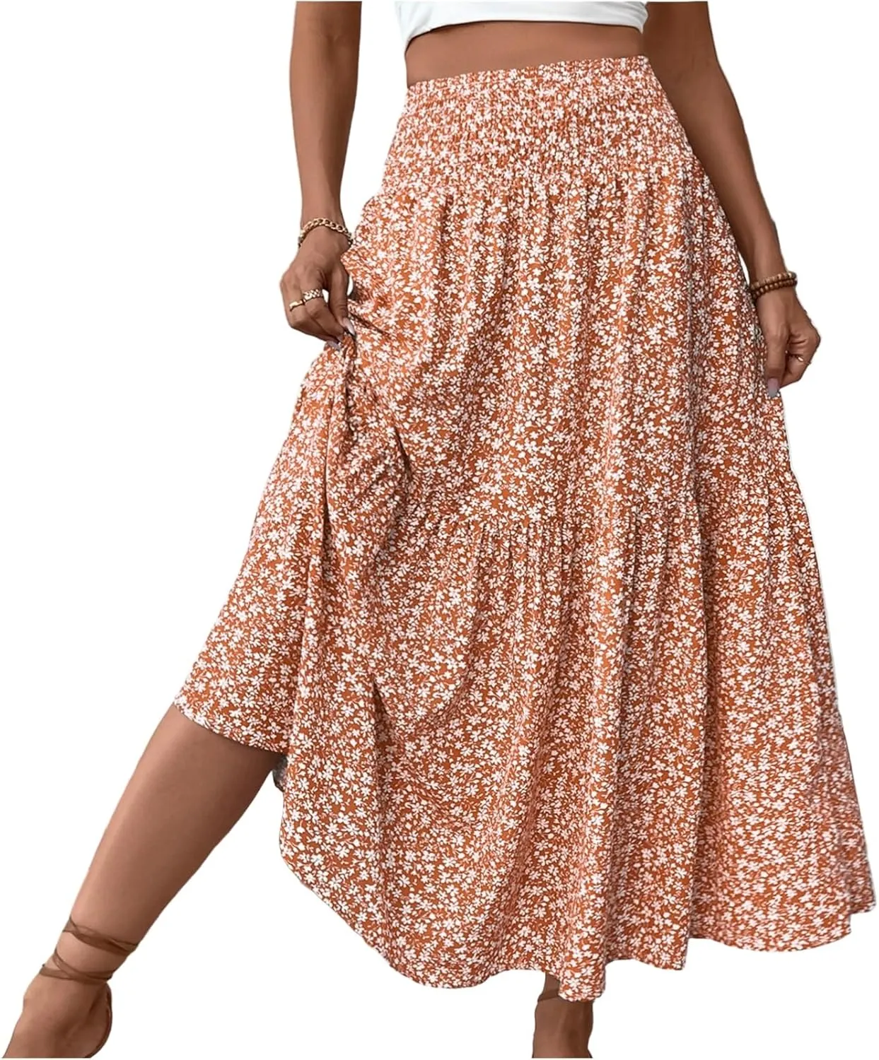 Women Summer Boho Skirt Floral Smocked Elastic Waist Flowy Swing Pleated Skirts Vacation Print A-Line Long Skirts