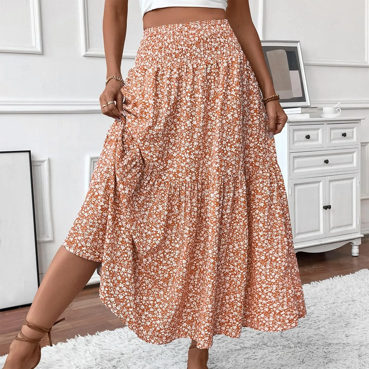 Women Summer Boho Skirt Floral Smocked Elastic Waist Flowy Swing Pleated Skirts Vacation Print A-Line Long Skirts