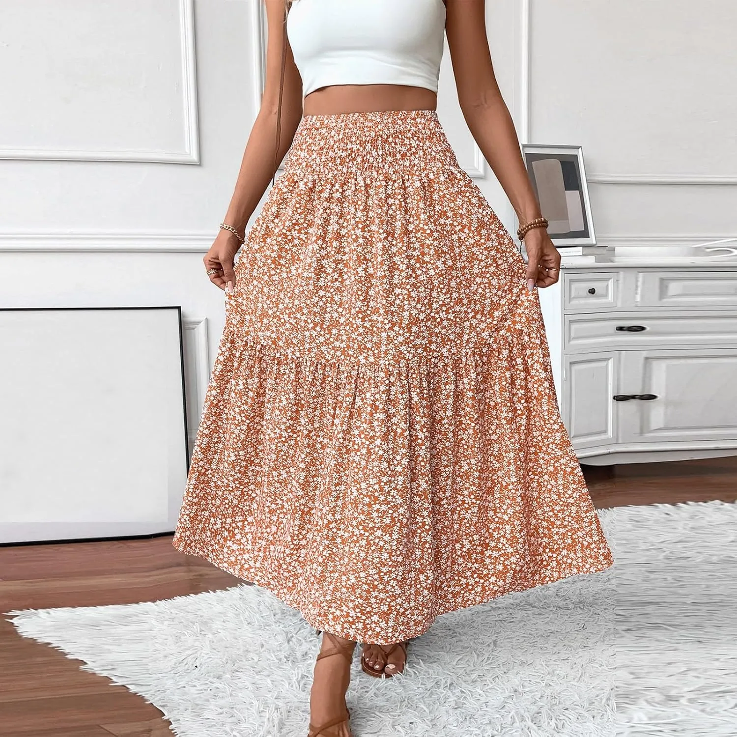 Women Summer Boho Skirt Floral Smocked Elastic Waist Flowy Swing Pleated Skirts Vacation Print A-Line Long Skirts