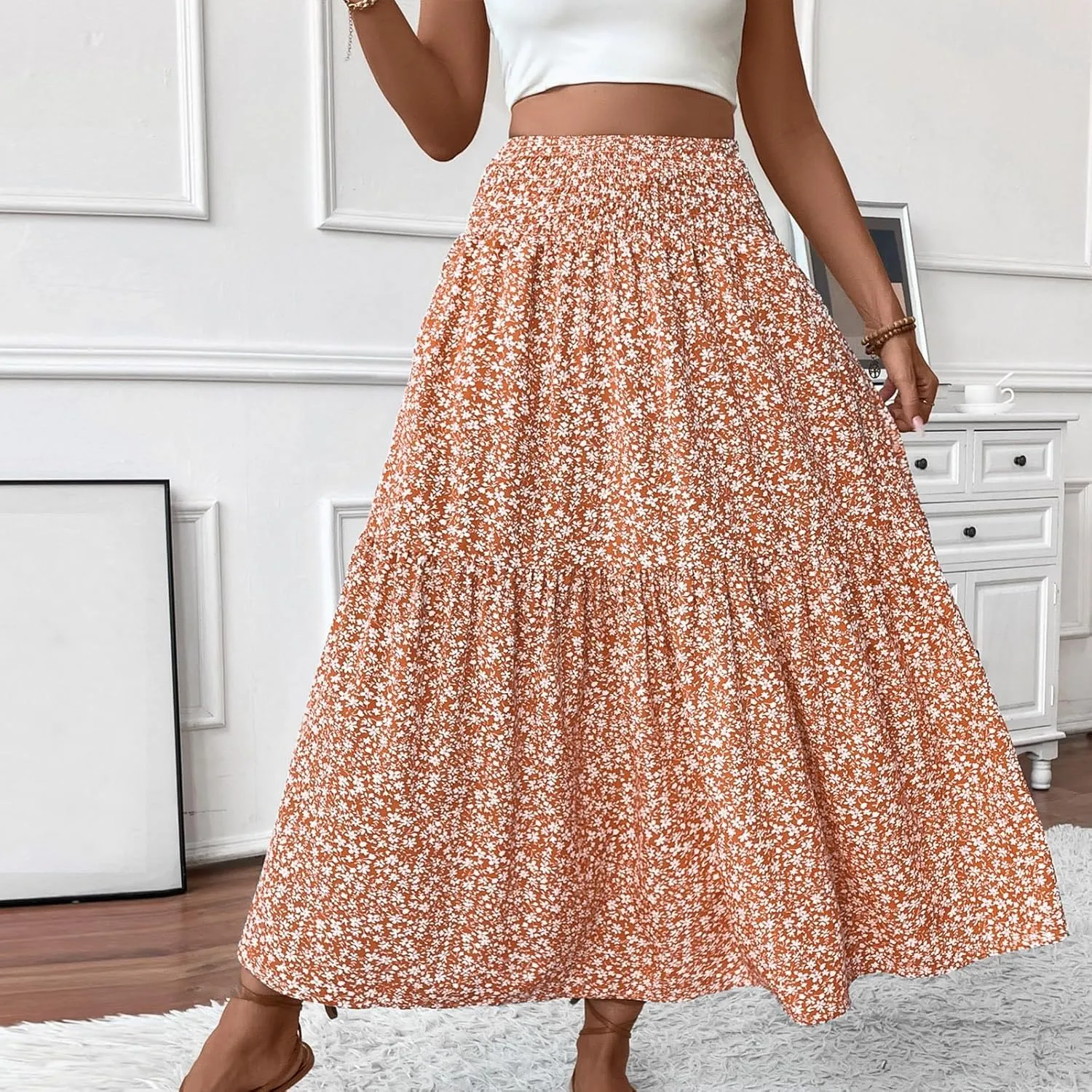 Women Summer Boho Skirt Floral Smocked Elastic Waist Flowy Swing Pleated Skirts Vacation Print A-Line Long Skirts