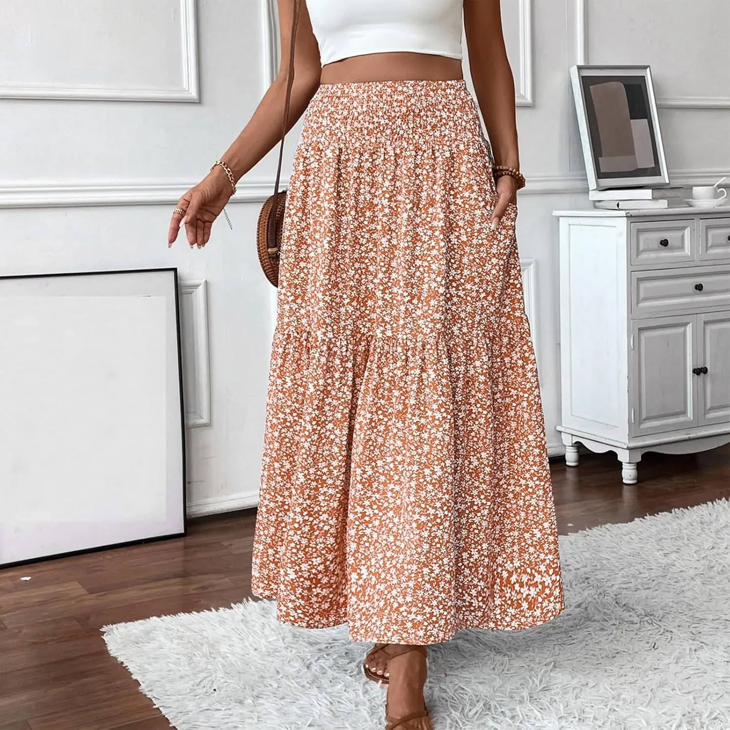 Women Summer Boho Skirt Floral Smocked Elastic Waist Flowy Swing Pleated Skirts Vacation Print A-Line Long Skirts
