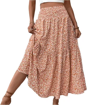 Women Summer Boho Skirt Floral Smocked Elastic Waist Flowy Swing Pleated Skirts Vacation Print A-Line Long Skirts