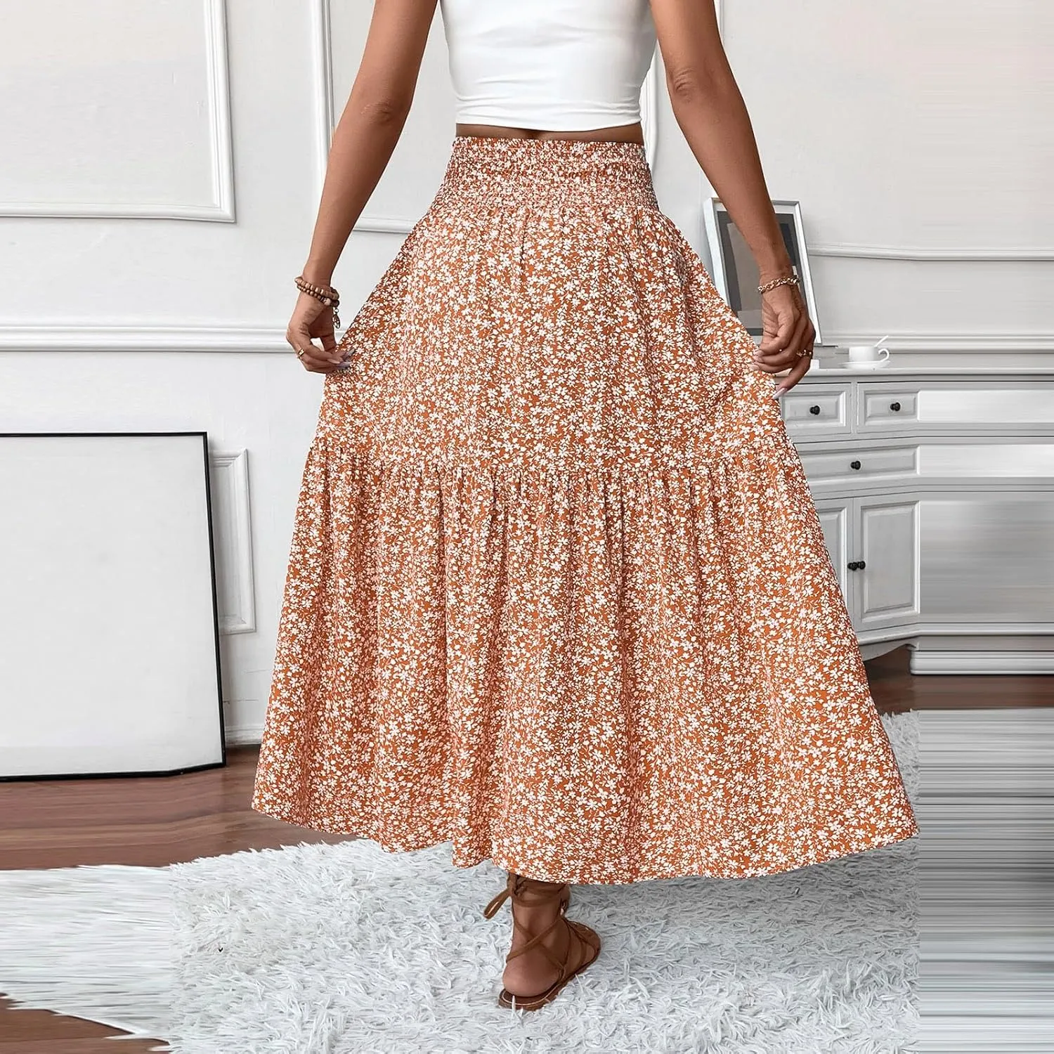 Women Summer Boho Skirt Floral Smocked Elastic Waist Flowy Swing Pleated Skirts Vacation Print A-Line Long Skirts