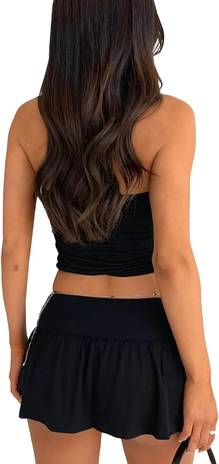 Women Summer Sexy Y2k 2 Piece Skirt Outfits Sleeveless Going Out Crop Tops Low Waist Mini Short Skirt