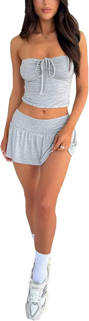 Women Summer Sexy Y2k 2 Piece Skirt Outfits Sleeveless Going Out Crop Tops Low Waist Mini Short Skirt