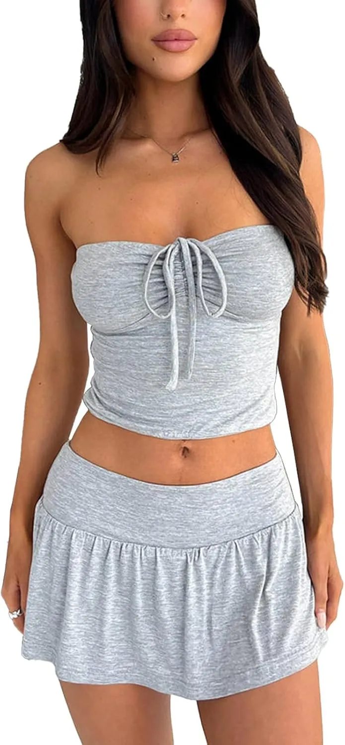 Women Summer Sexy Y2k 2 Piece Skirt Outfits Sleeveless Going Out Crop Tops Low Waist Mini Short Skirt