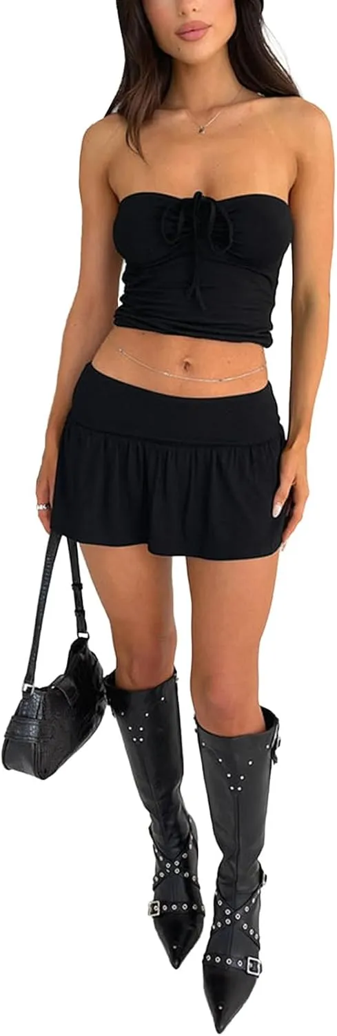 Women Summer Sexy Y2k 2 Piece Skirt Outfits Sleeveless Going Out Crop Tops Low Waist Mini Short Skirt