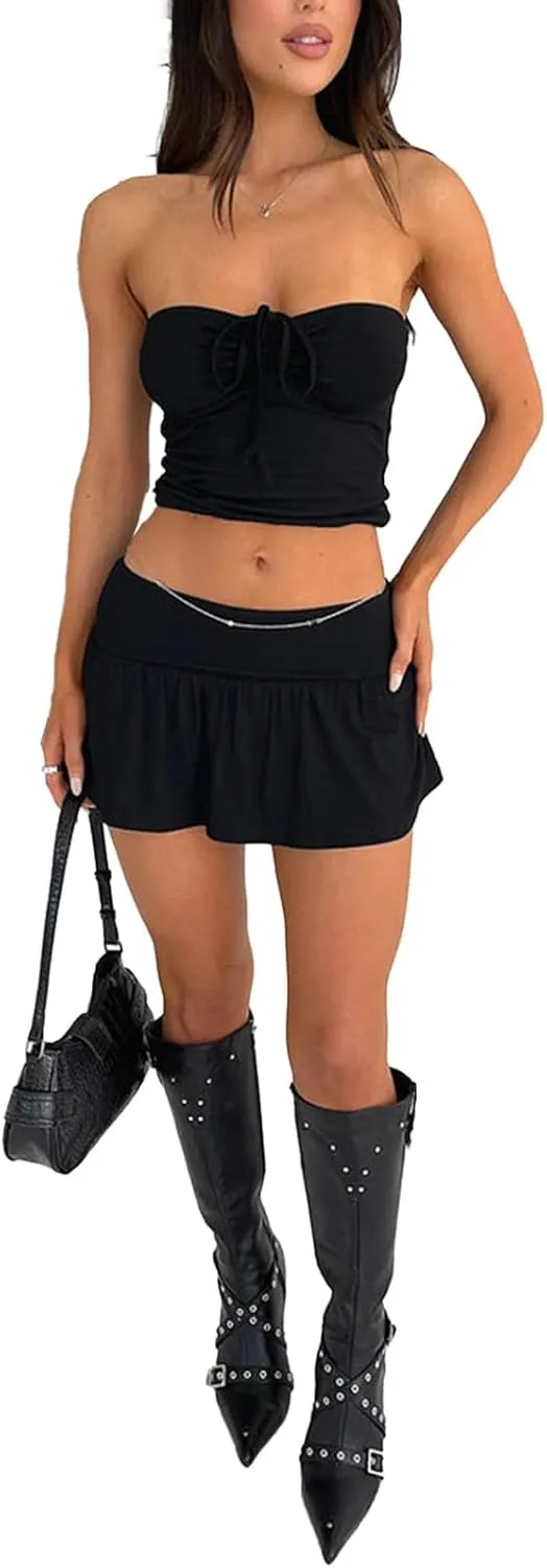Women Summer Sexy Y2k 2 Piece Skirt Outfits Sleeveless Going Out Crop Tops Low Waist Mini Short Skirt