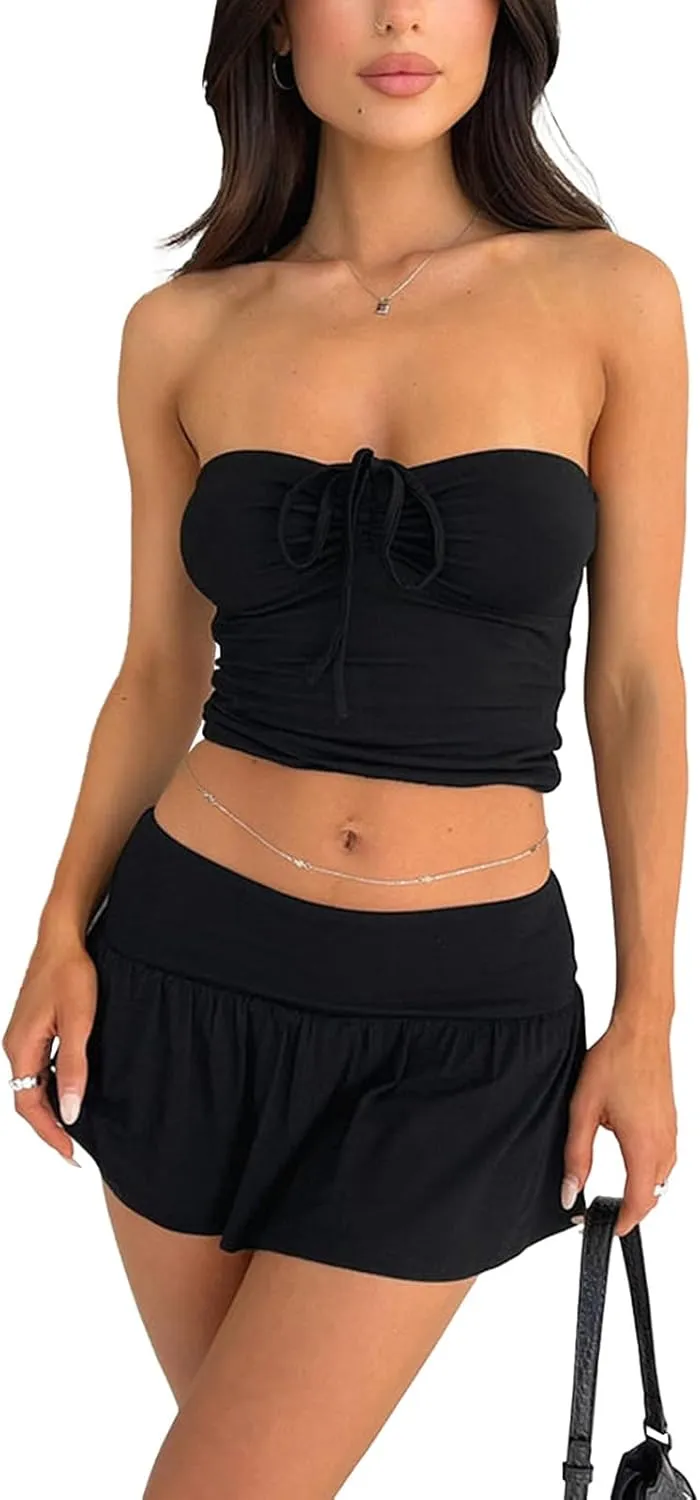 Women Summer Sexy Y2k 2 Piece Skirt Outfits Sleeveless Going Out Crop Tops Low Waist Mini Short Skirt