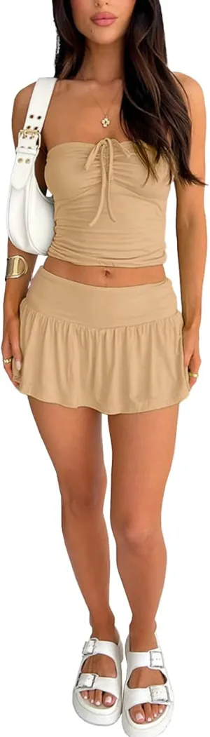 Women Summer Sexy Y2k 2 Piece Skirt Outfits Sleeveless Going Out Crop Tops Low Waist Mini Short Skirt