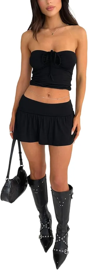 Women Summer Sexy Y2k 2 Piece Skirt Outfits Sleeveless Going Out Crop Tops Low Waist Mini Short Skirt