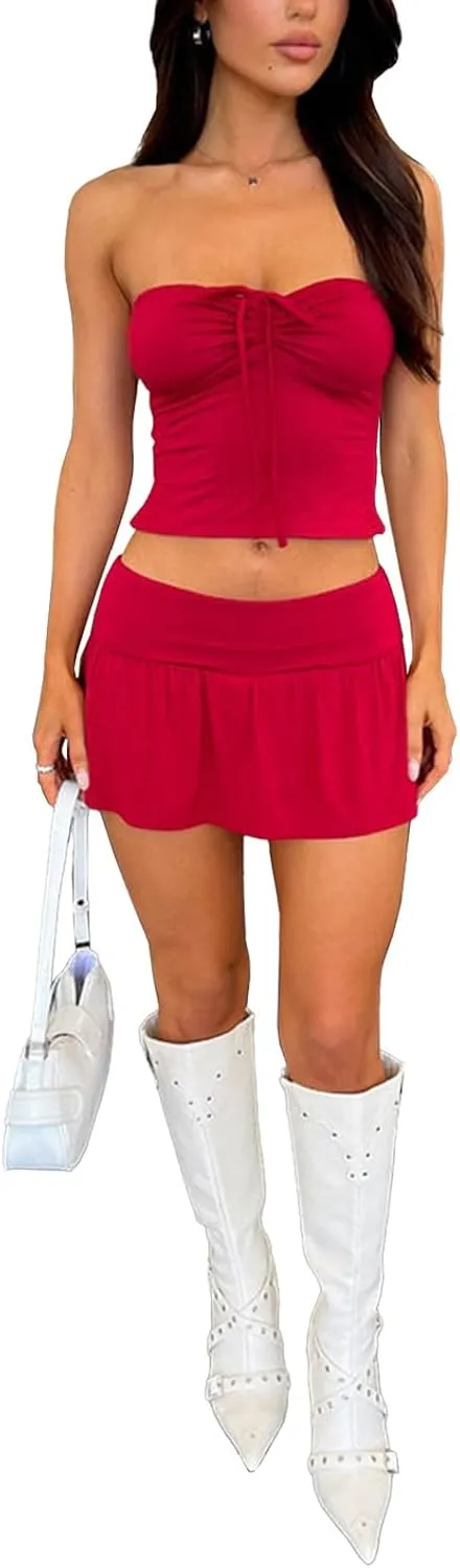 Women Summer Sexy Y2k 2 Piece Skirt Outfits Sleeveless Going Out Crop Tops Low Waist Mini Short Skirt