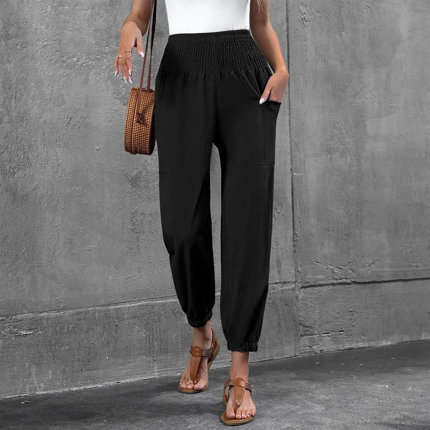 Women Wide Leg Flowy Pants 2025 Summer Casual High Waisted Baggy Loose Boho Beach Vacation Palazzo Lantern Trousers