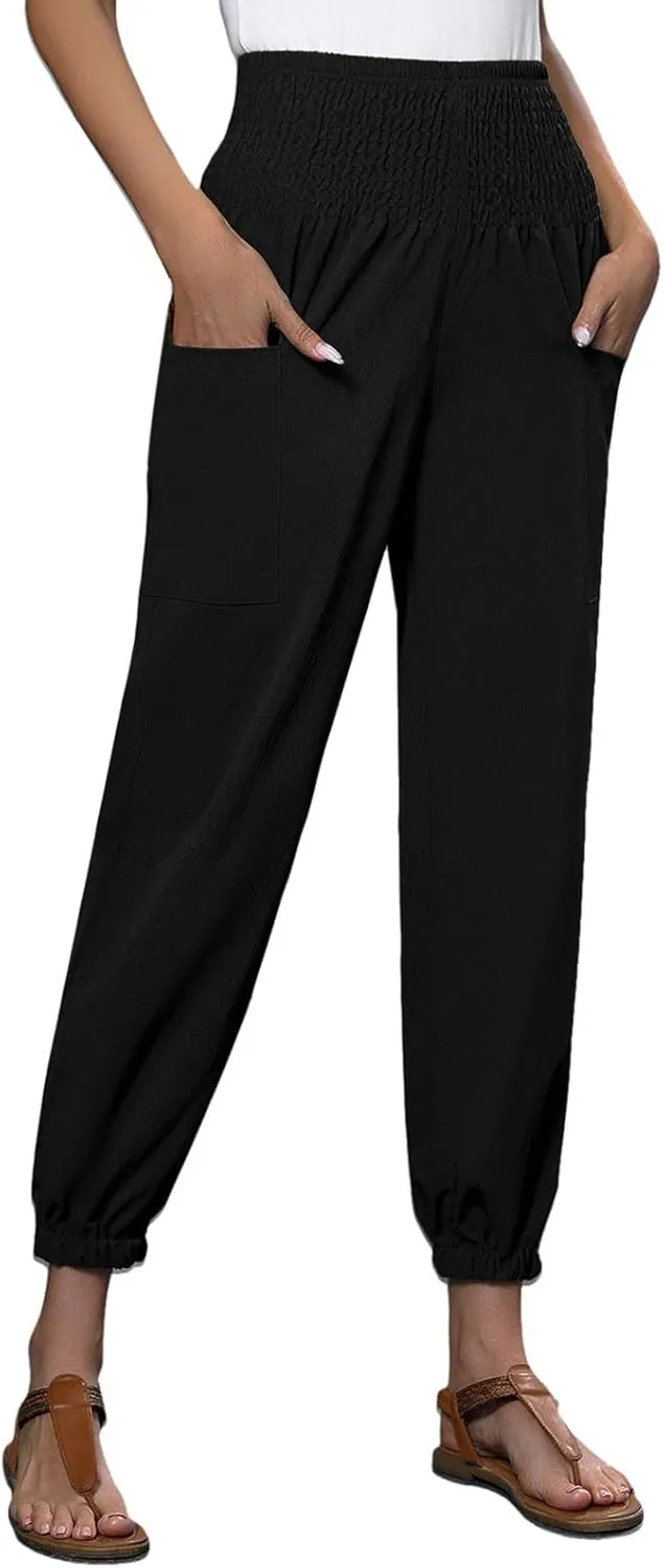 Women Wide Leg Flowy Pants 2025 Summer Casual High Waisted Baggy Loose Boho Beach Vacation Palazzo Lantern Trousers