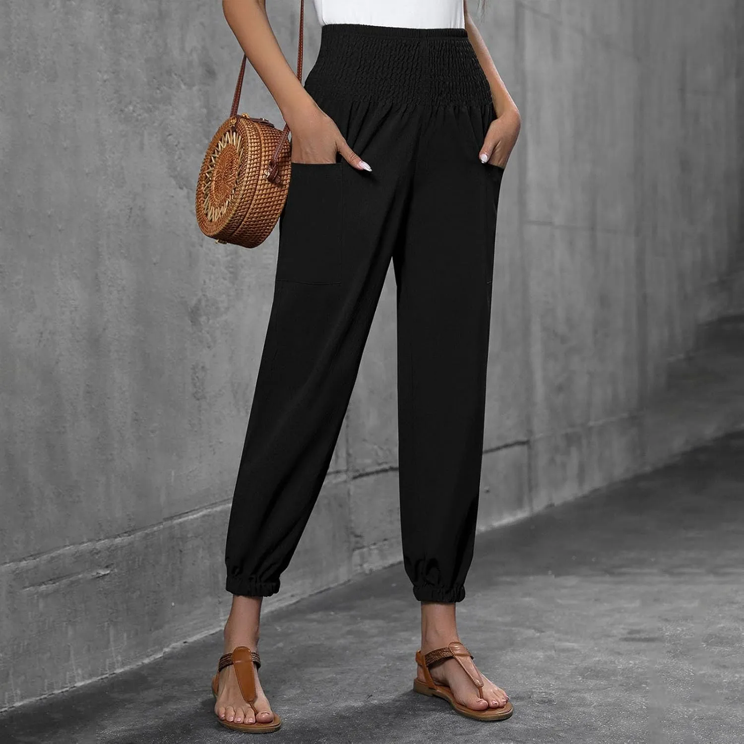 Women Wide Leg Flowy Pants 2025 Summer Casual High Waisted Baggy Loose Boho Beach Vacation Palazzo Lantern Trousers