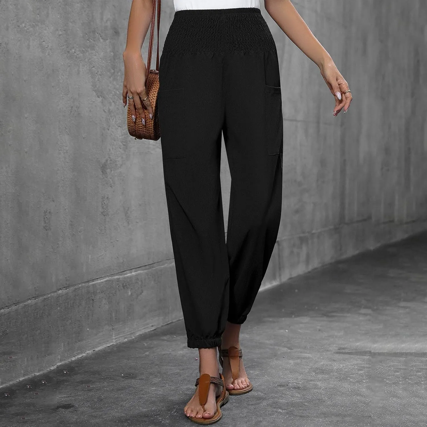 Women Wide Leg Flowy Pants 2025 Summer Casual High Waisted Baggy Loose Boho Beach Vacation Palazzo Lantern Trousers