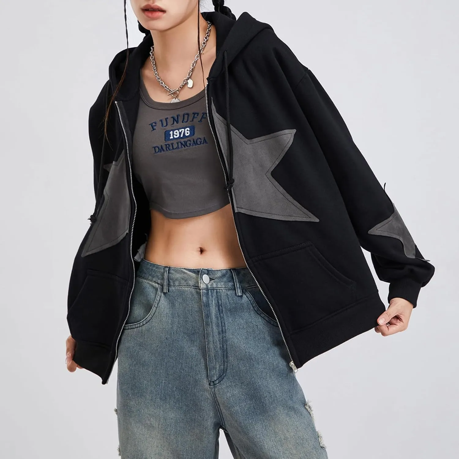 Women Y2k Zip Up Hoodies Grunge Star Graphic Jackets Hip Hop Harajuku Oversized Hooded Sweatshirt Jacket