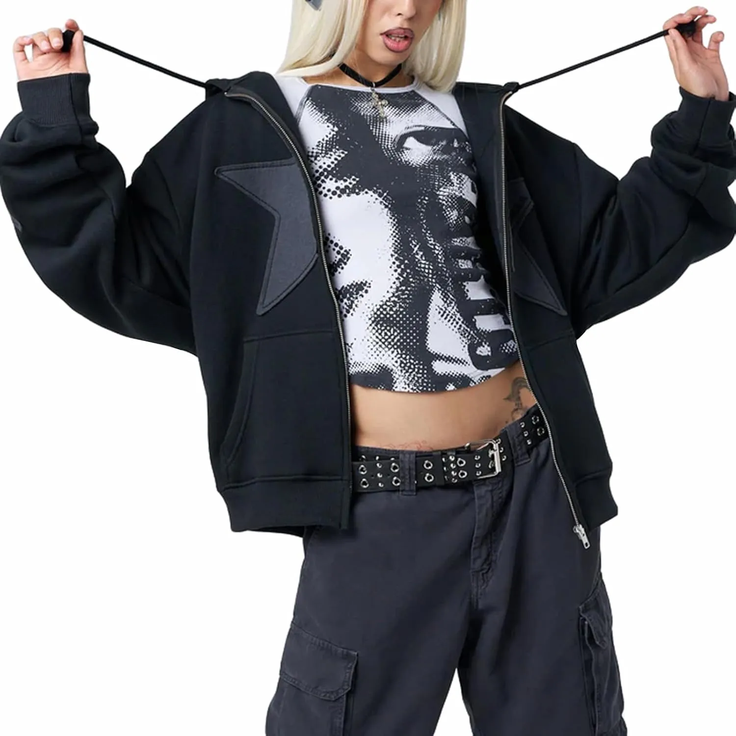 Women Y2k Zip Up Hoodies Grunge Star Graphic Jackets Hip Hop Harajuku Oversized Hooded Sweatshirt Jacket