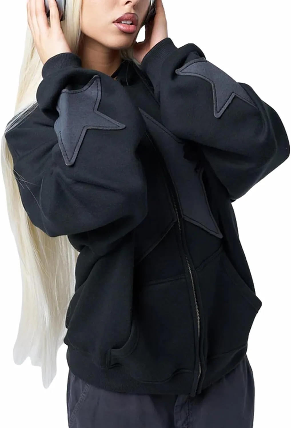 Women Y2k Zip Up Hoodies Grunge Star Graphic Jackets Hip Hop Harajuku Oversized Hooded Sweatshirt Jacket