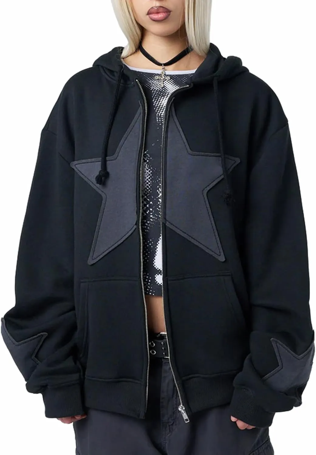 Women Y2k Zip Up Hoodies Grunge Star Graphic Jackets Hip Hop Harajuku Oversized Hooded Sweatshirt Jacket