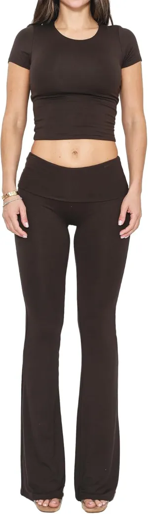 Women's 2 Piece Lounge Set Short Sleeve Crop Top High Waist Foldover Low Rise Flare Pant Leggings