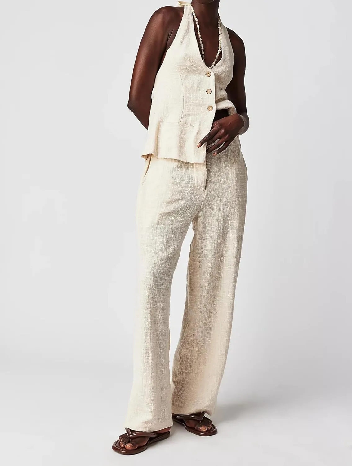 Womens 2 Piece Outfits Button Up Sexy Low Back Halter Vest Wide Leg Pants Cotton Linen Set Casual Dressy Suit Set