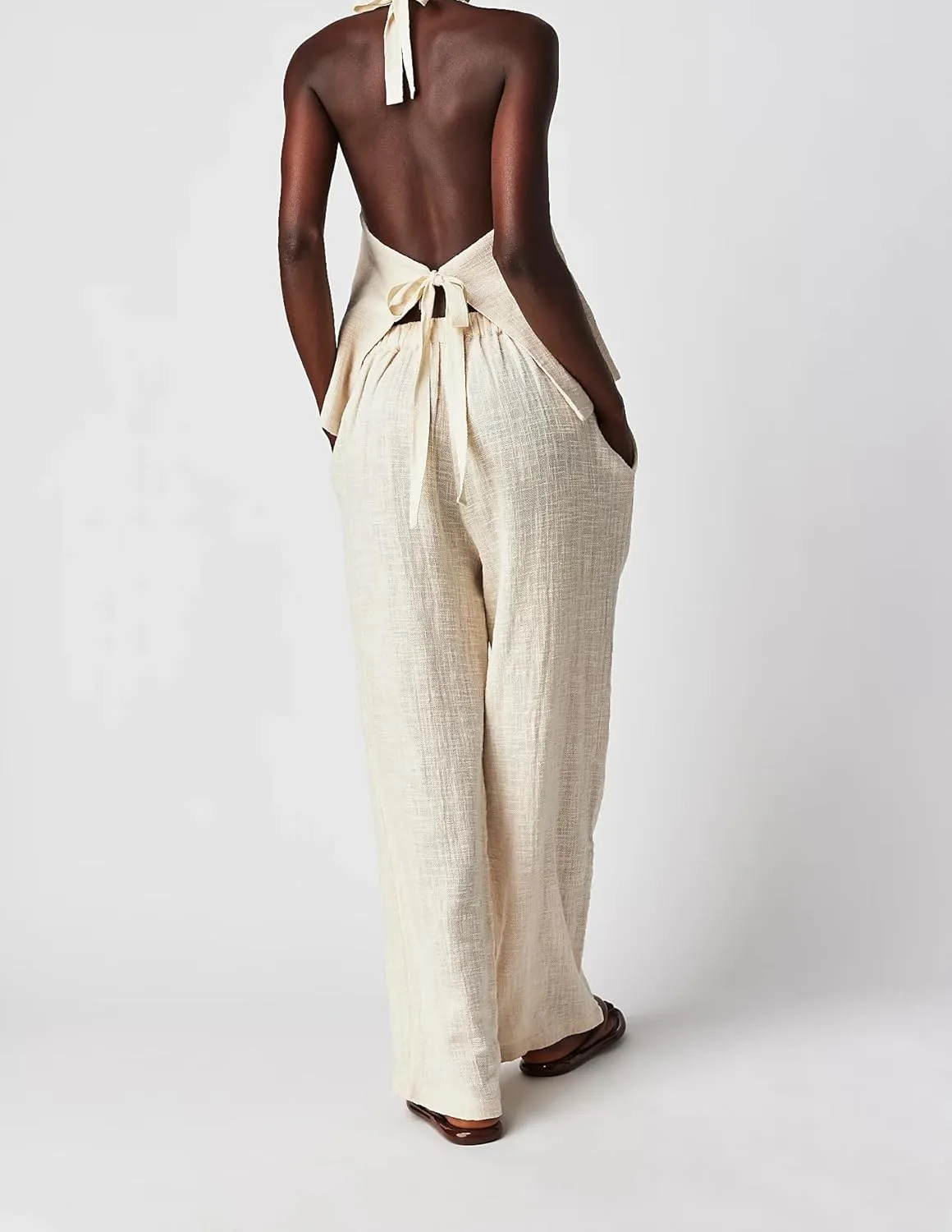 Womens 2 Piece Outfits Button Up Sexy Low Back Halter Vest Wide Leg Pants Cotton Linen Set Casual Dressy Suit Set