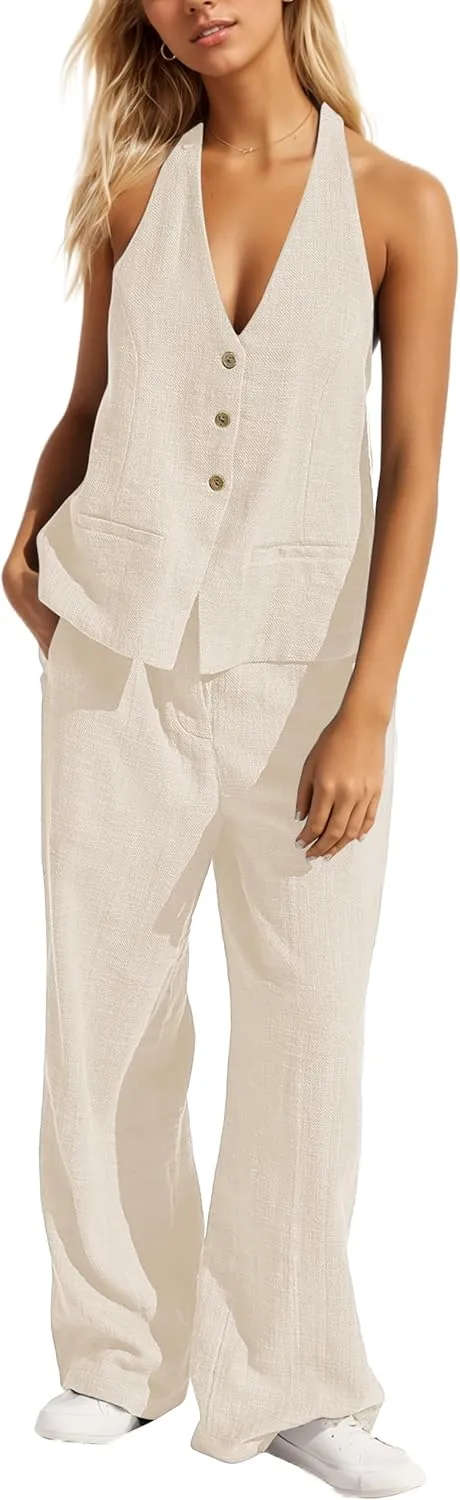 Womens 2 Piece Outfits Button Up Sexy Low Back Halter Vest Wide Leg Pants Cotton Linen Set Casual Dressy Suit Set