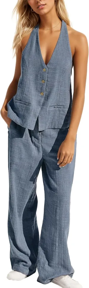 Womens 2 Piece Outfits Button Up Sexy Low Back Halter Vest Wide Leg Pants Cotton Linen Set Casual Dressy Suit Set