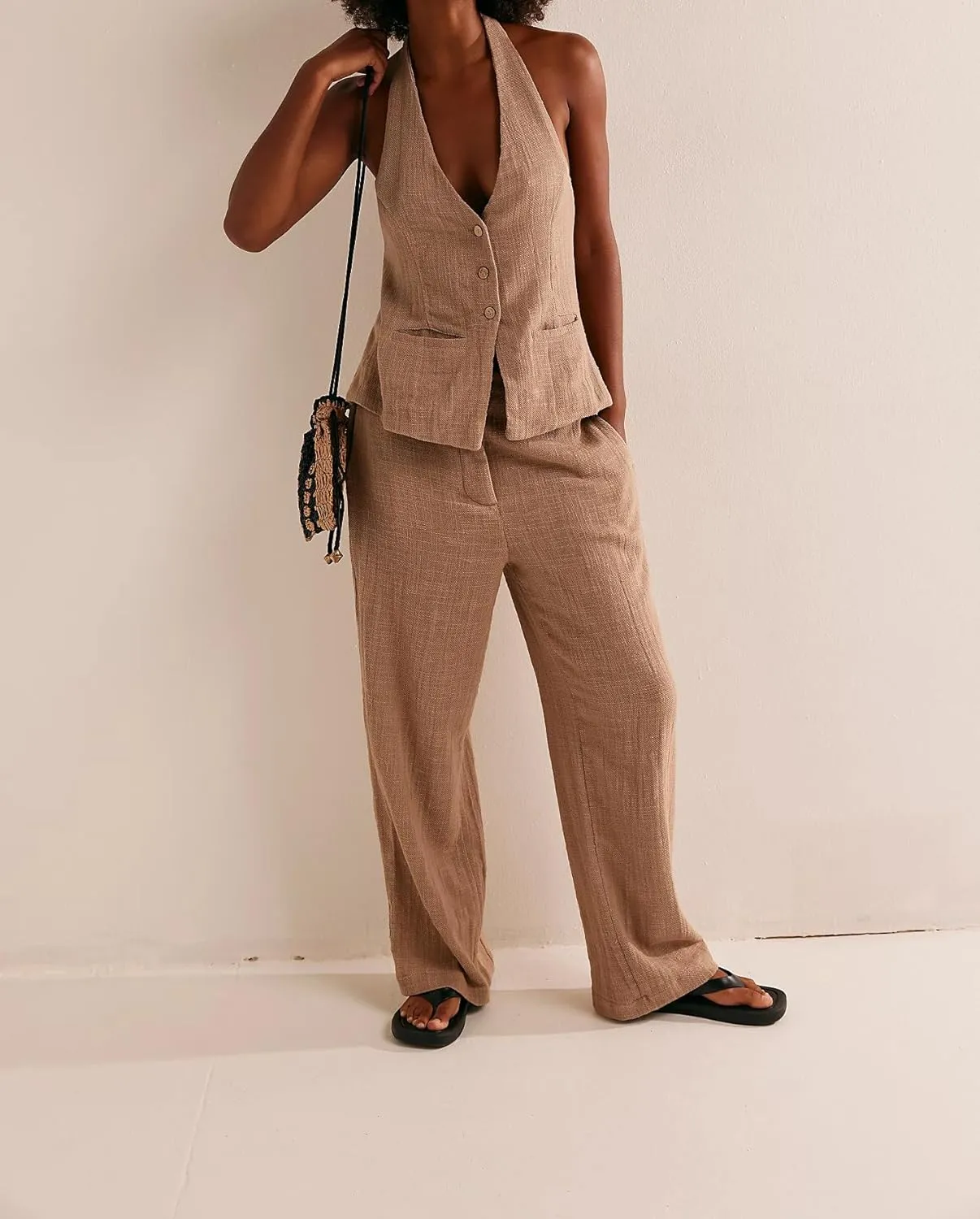 Womens 2 Piece Outfits Button Up Sexy Low Back Halter Vest Wide Leg Pants Cotton Linen Set Casual Dressy Suit Set