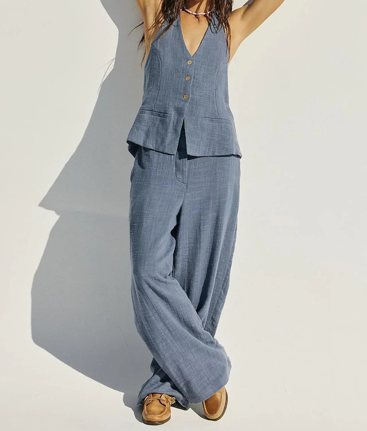 Womens 2 Piece Outfits Button Up Sexy Low Back Halter Vest Wide Leg Pants Cotton Linen Set Casual Dressy Suit Set