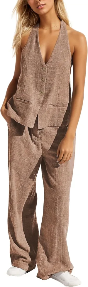 Womens 2 Piece Outfits Button Up Sexy Low Back Halter Vest Wide Leg Pants Cotton Linen Set Casual Dressy Suit Set