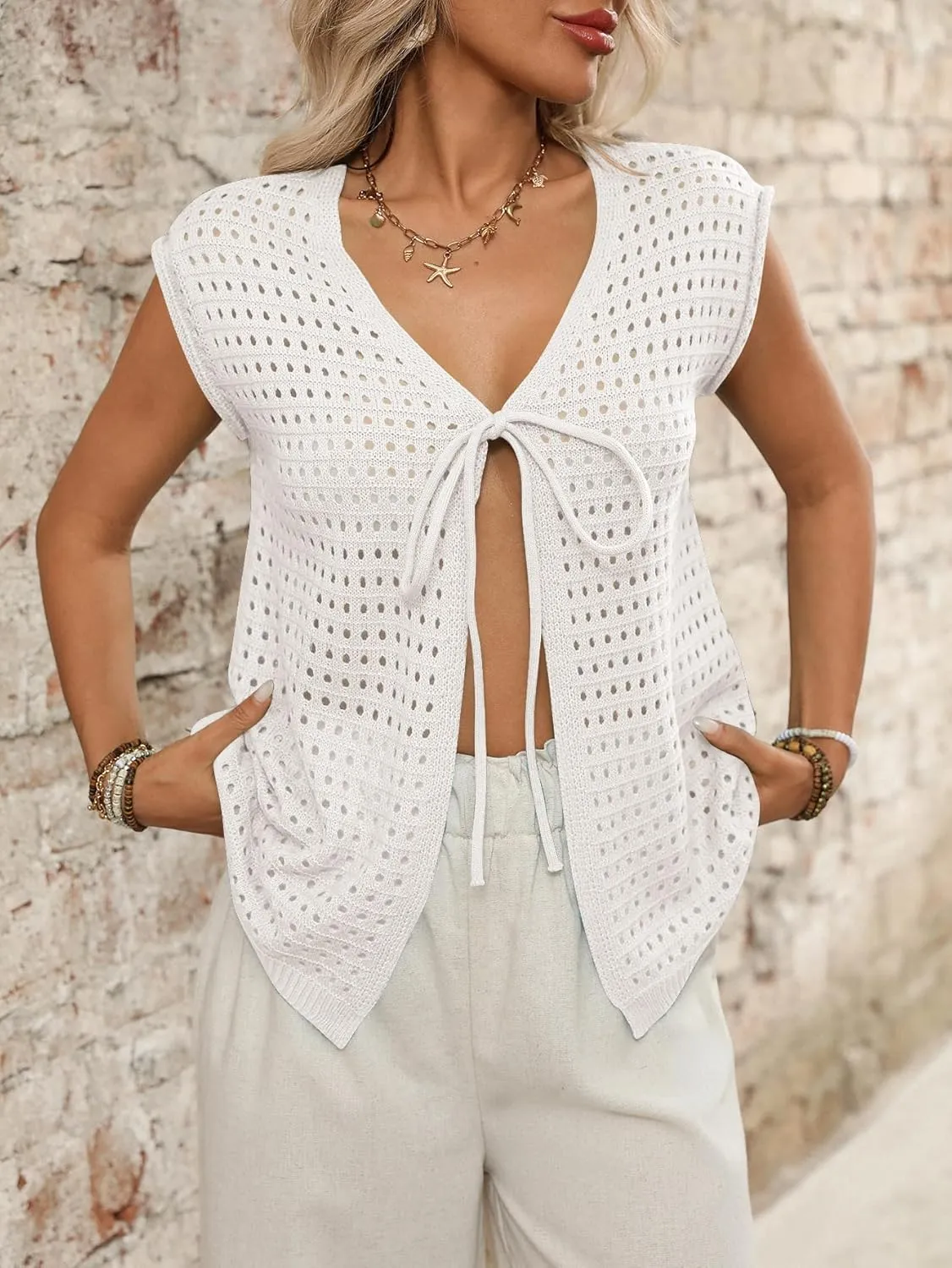 Women's 2025 Summer Short Sleeve Cardigan Sweater Tops Hollow Out Tie Front Y2k Crochet Vest Knit Beach Cover Ups