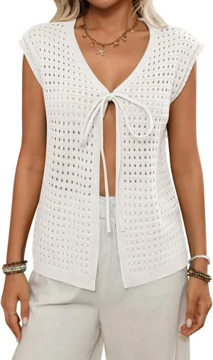 Women's 2025 Summer Short Sleeve Cardigan Sweater Tops Hollow Out Tie Front Y2k Crochet Vest Knit Beach Cover Ups