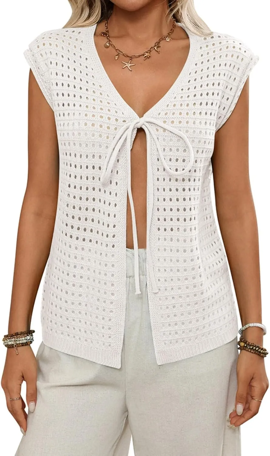 Women's 2025 Summer Short Sleeve Cardigan Sweater Tops Hollow Out Tie Front Y2k Crochet Vest Knit Beach Cover Ups