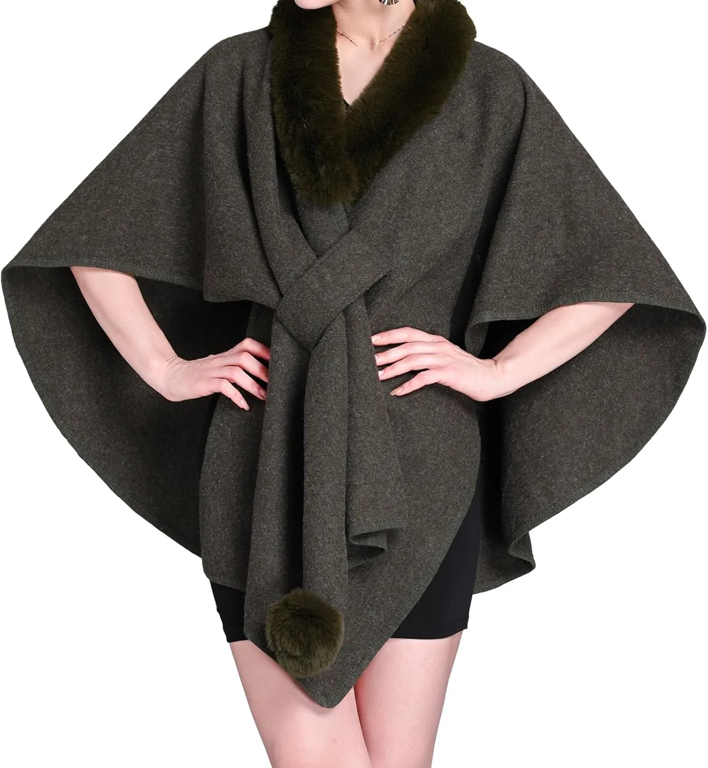 Womens Batwing Sleeve Fur Collar Cloak Shawl ScarfFaux Fur Shawls Jackets V Neck Cape Coats
