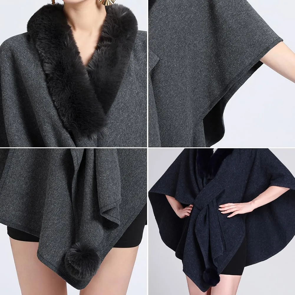 Womens Batwing Sleeve Fur Collar Cloak Shawl ScarfFaux Fur Shawls Jackets V Neck Cape Coats