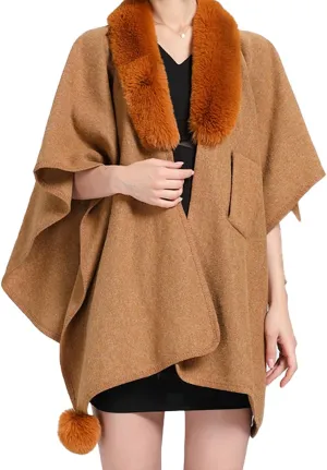 Womens Batwing Sleeve Fur Collar Cloak Shawl ScarfFaux Fur Shawls Jackets V Neck Cape Coats