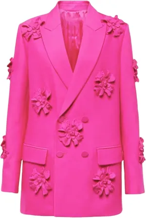 Womens Blazer Coats Notched Long Sleeve Double Breasted Jacket Flower Appliques Wedding Party Long Blazers
