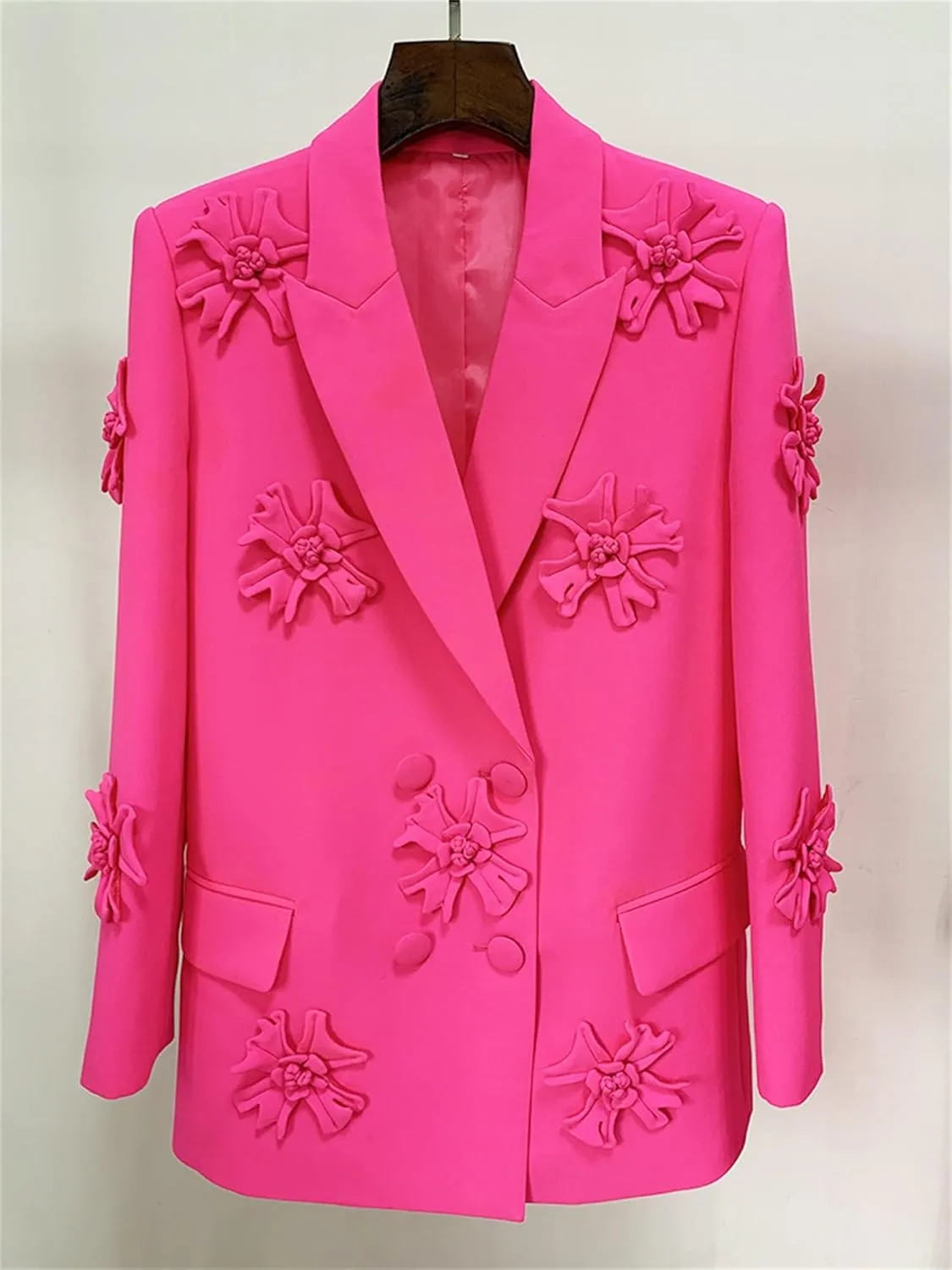 Womens Blazer Coats Notched Long Sleeve Double Breasted Jacket Flower Appliques Wedding Party Long Blazers
