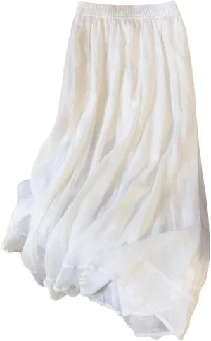 Women's Boho Cotton Linen Long Flowy Skirt High Waist A Line Double Layer Casual Elegant Flowy Swing Maxi Skirts