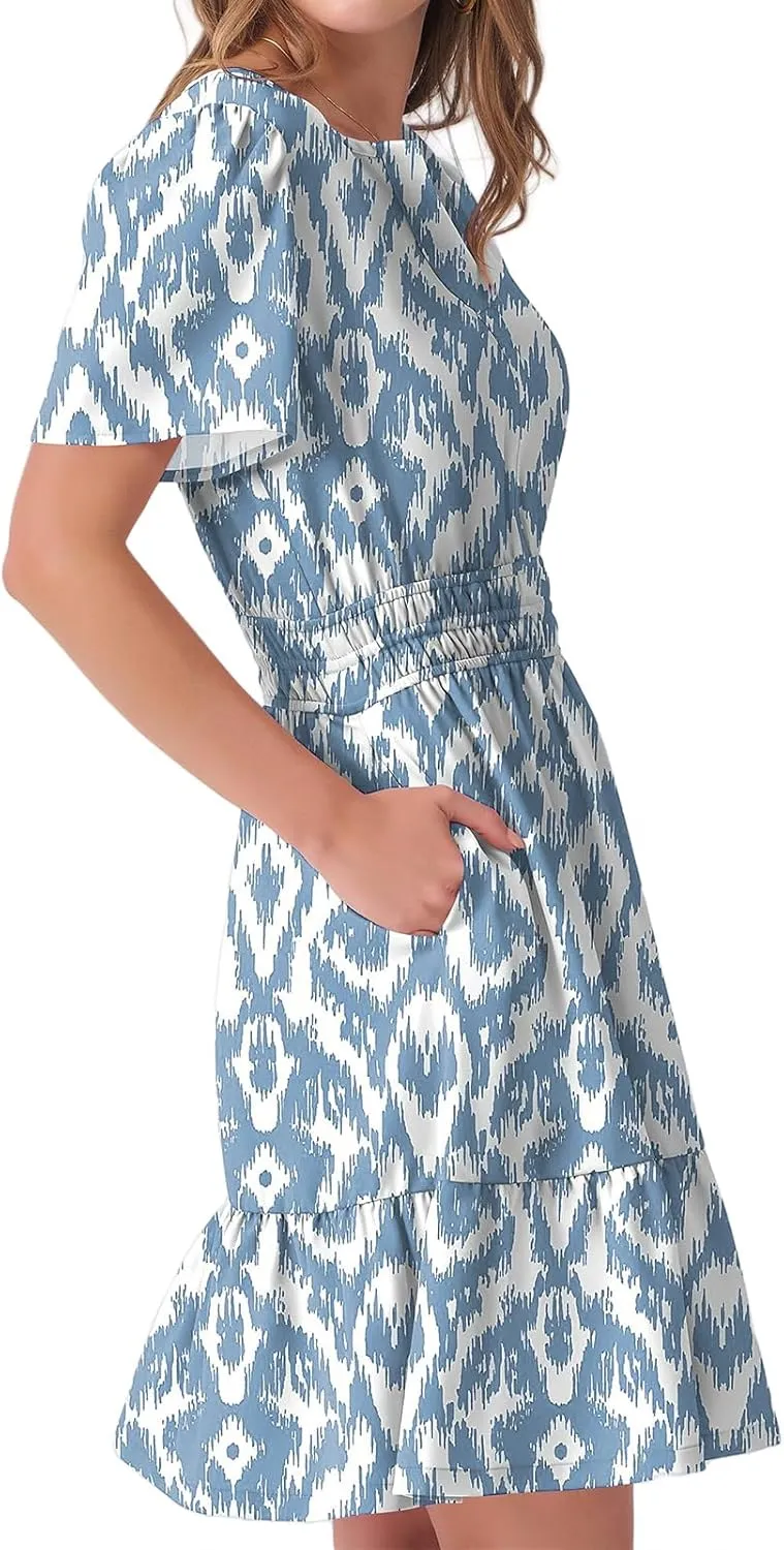 Womens Boho Short Summer Dresses Casual Beach Vacation Sun Dress V Neck Short Sleeve Floral A-Line High Waist Dresses