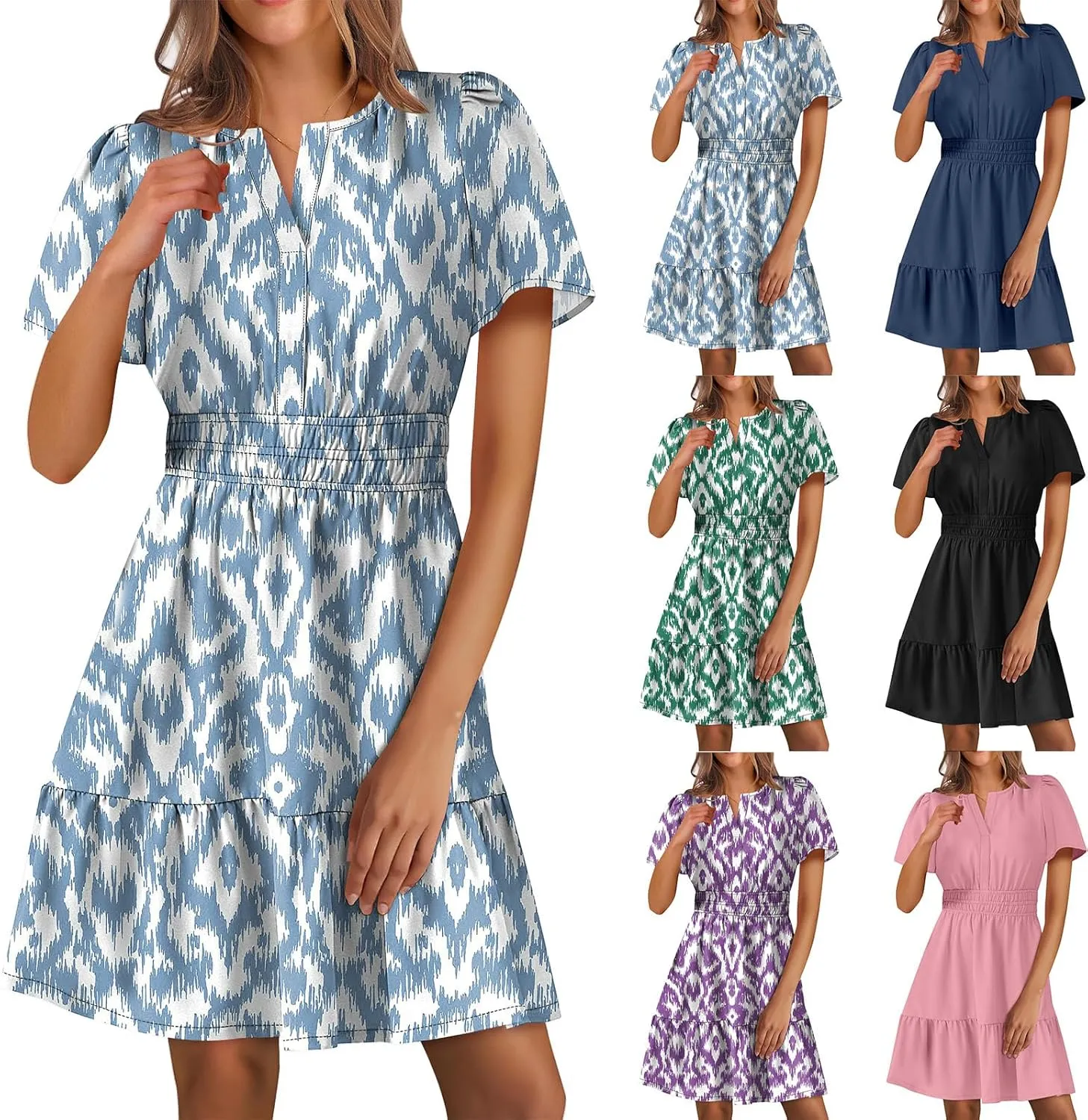 Womens Boho Short Summer Dresses Casual Beach Vacation Sun Dress V Neck Short Sleeve Floral A-Line High Waist Dresses
