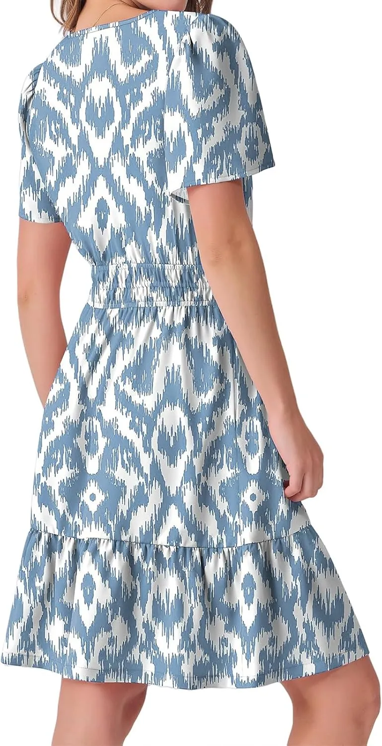 Womens Boho Short Summer Dresses Casual Beach Vacation Sun Dress V Neck Short Sleeve Floral A-Line High Waist Dresses